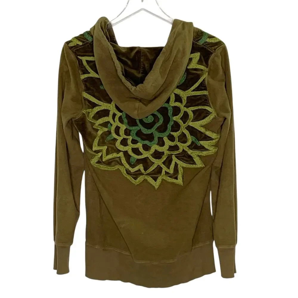 Free People Olive Green Hooded Sweatshirt with Embroidered Accents